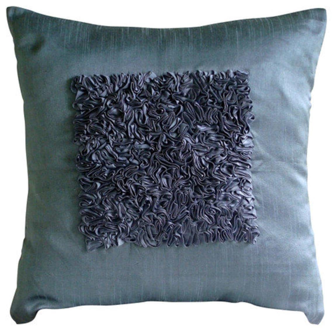 The HomeCentric Blue Euro Cushion Shams, 65x65 cm (26x26 inch) Euro Cushion, Textured Ribbon Centered Euro Cushion Shams, Silk Euro Shams, Geometric Modern Euro Shams - Vintage Blue Love โ image 1