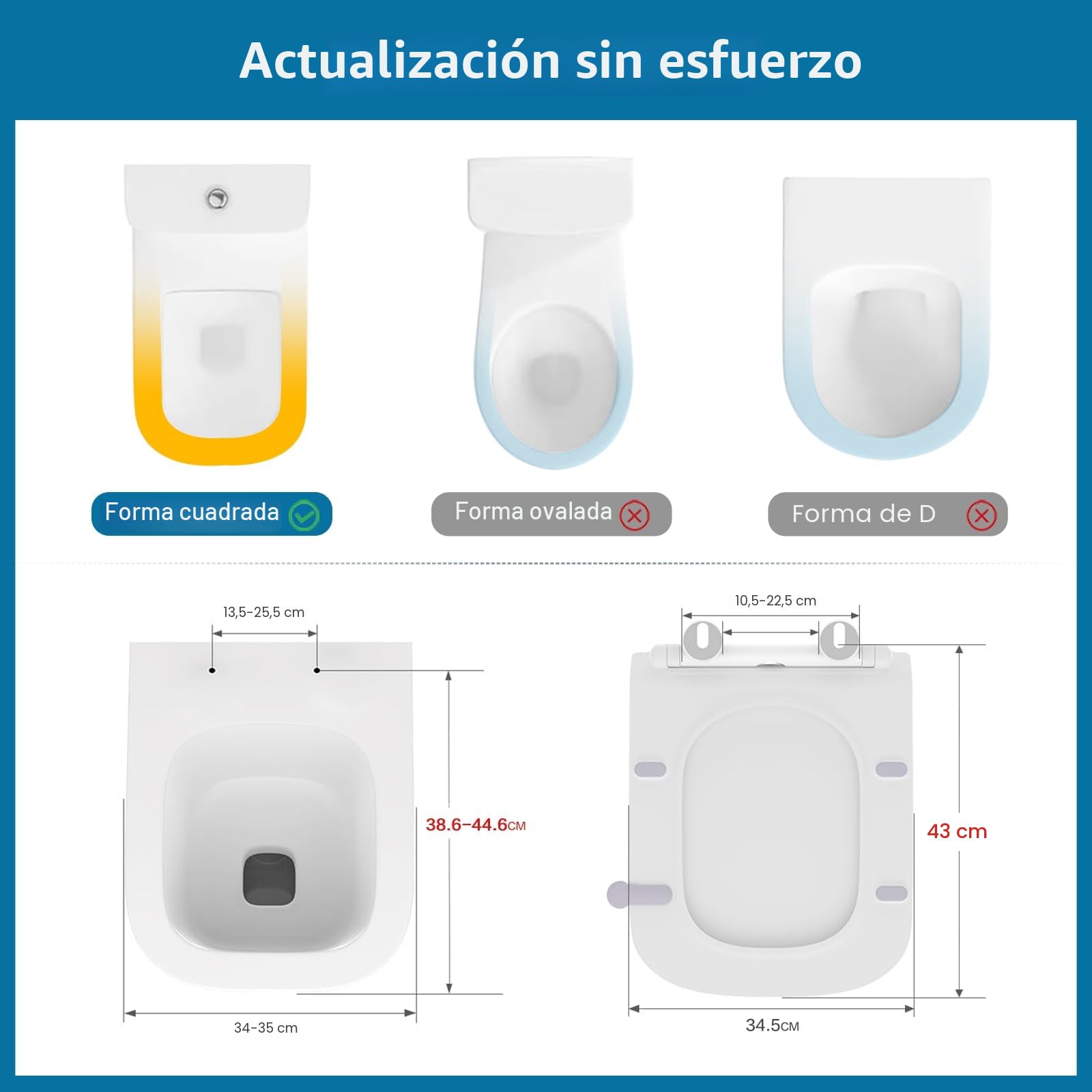 Tapa Wc Forma Cuadrado Ultrafino [CORTO], Asiento de Inodoro Cuadrado con Cierre Suave y Liberación Rápida para una Fácil Limpieza,Universal para Inodoros de Forma Cuadrada, 42,5 * 34.5CM