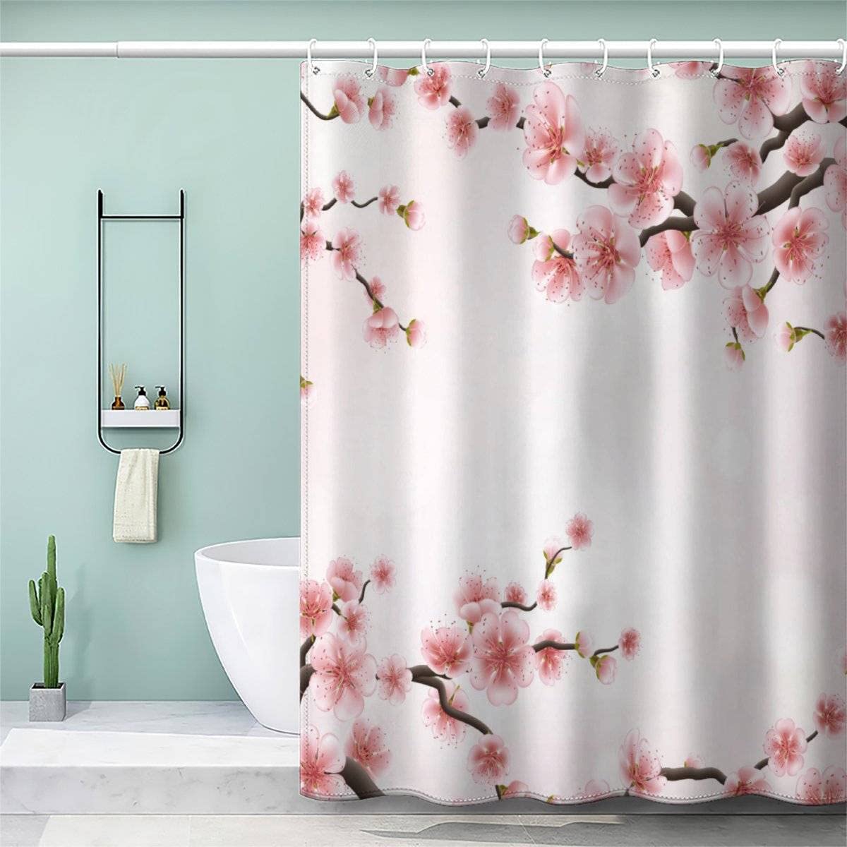 VASENA Pink Flower Shower Curtain Mould Proof Resistant Waterproof Polyester 3D Printed Branch Of Japanese Cherry Bath Curtains for Shower with 12 Hooks Art Deco 180x200 cm