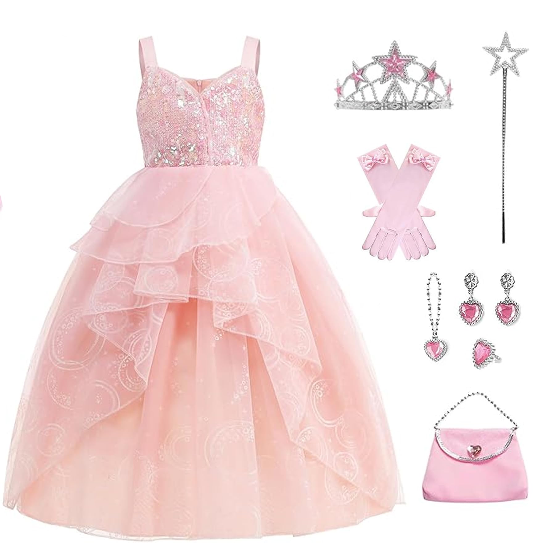 WYB Glinda Dress for Girls Pink Witch Costume for Girls Halloween Cosplay Outfits Party Dress with Accessories