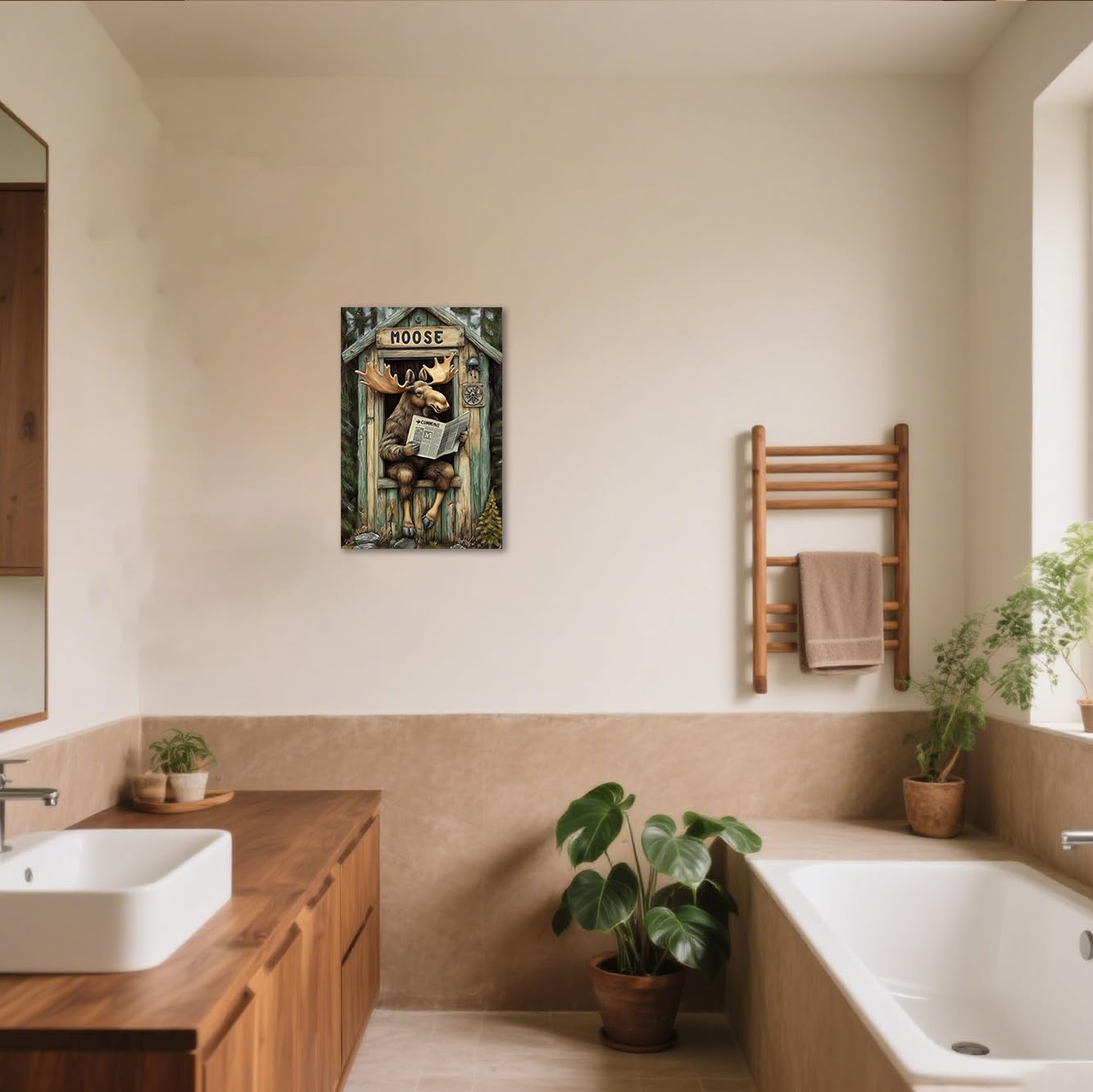 BJYCHG Moose Bathroom Wall Decor Rustic Moose In Outhouse Toilet Reading Newspaper Canvas Prints Forest Wildlife Picture Farmhouse Cabin Decor Framed (Brown, 20L x 16W)