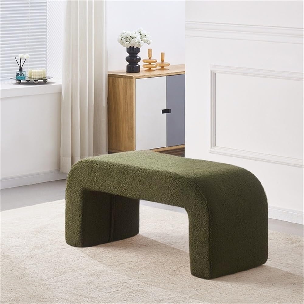 Minimalist Entryway Shoe Bench, Upholstered Bed End Bench with Faux Shearling, Vanity /Ottoman/Footrest, Modern Arched Bench for Front Door, Living Room, Hallway, Make-up Room(Green,31.5''x15.7''