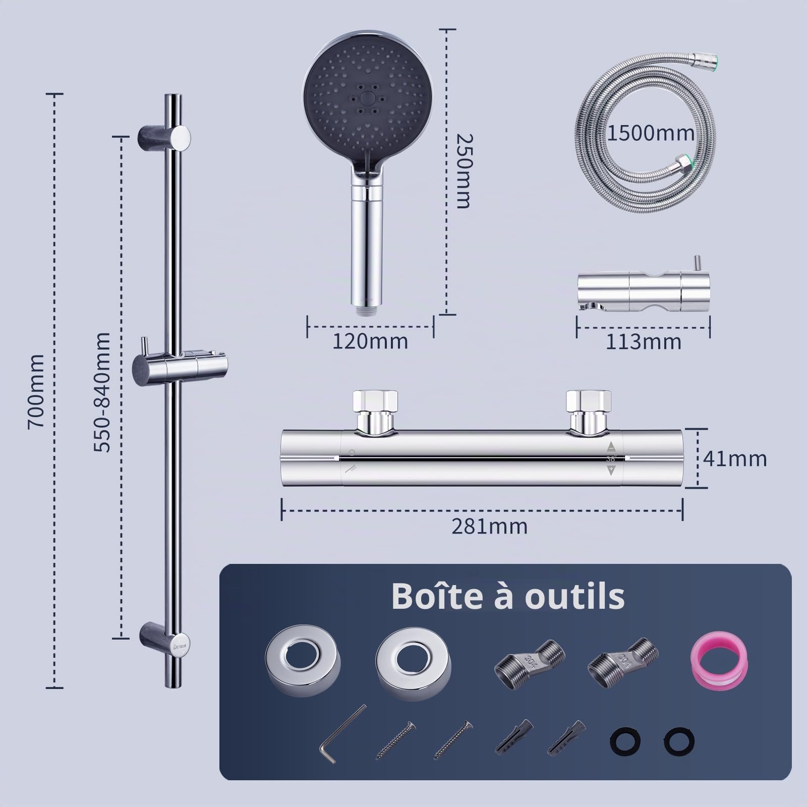 Mitigeur Thermostatique DETBOM pour Douche avec Sécurité Anti-brûlure 38 °C, Barre inox 70 cm, Pomme 3 Jets, Flexible 1,5 m et Support Réglable – Ensemble Complet Chrome