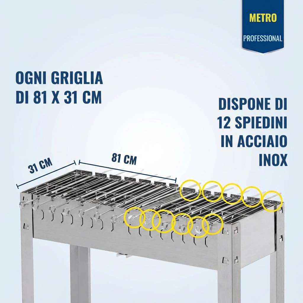 METRO Professional Barbecue a Carbonenella Karasu, Acciaio Inossidabile, con 12 Spiedi, Rettangolare, Argento