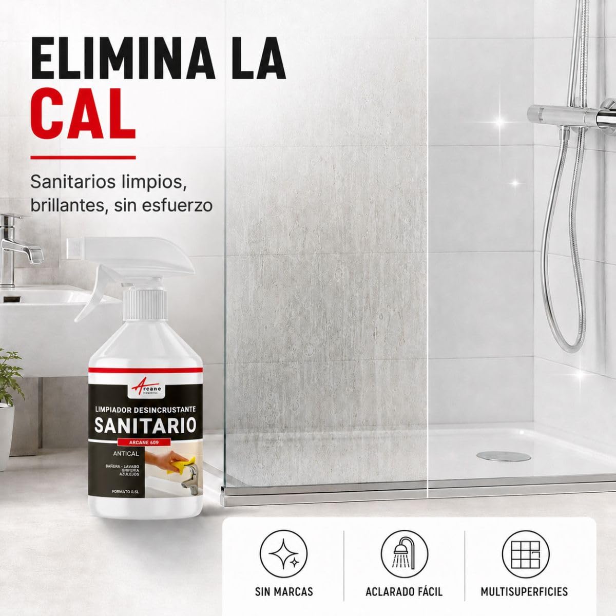 Limpiador para Acero Inoxidable, WC, Bañera y Baño 20 L | Elimina Cal y Jabón, sin Ácidos Minerales, sin Marcas, Acero Inoxidable, Azulejos, Ducha, Grifos - Arcane Industries