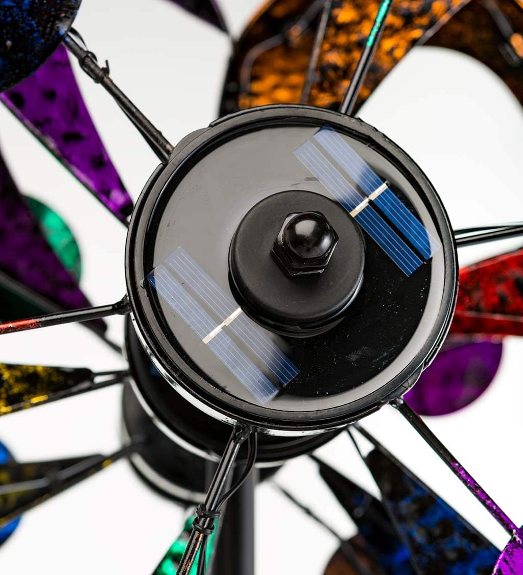 Plow & Hearth Solar Gala Wind Spinner - Enchanting 7ft Multicolor 4-Blade Wind Art | 24"x20.75"x84" | Integrated Solar Panels | LED Lights | Mesmerizing Garden Display