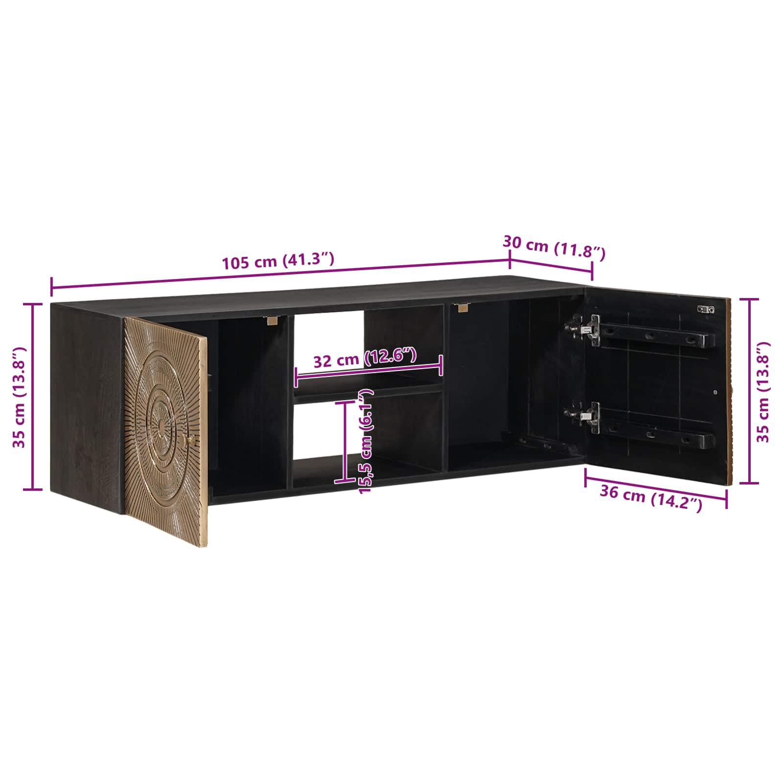 TV-Schränk mit Regal aus massivem Mangoholz und Messing 105 x 30 x 35 cm, modernes Wohnzimmer Lowboard mit Stauraum für Heimkino, HiFi, DVD, Blu Ray und Gaming Zubehör