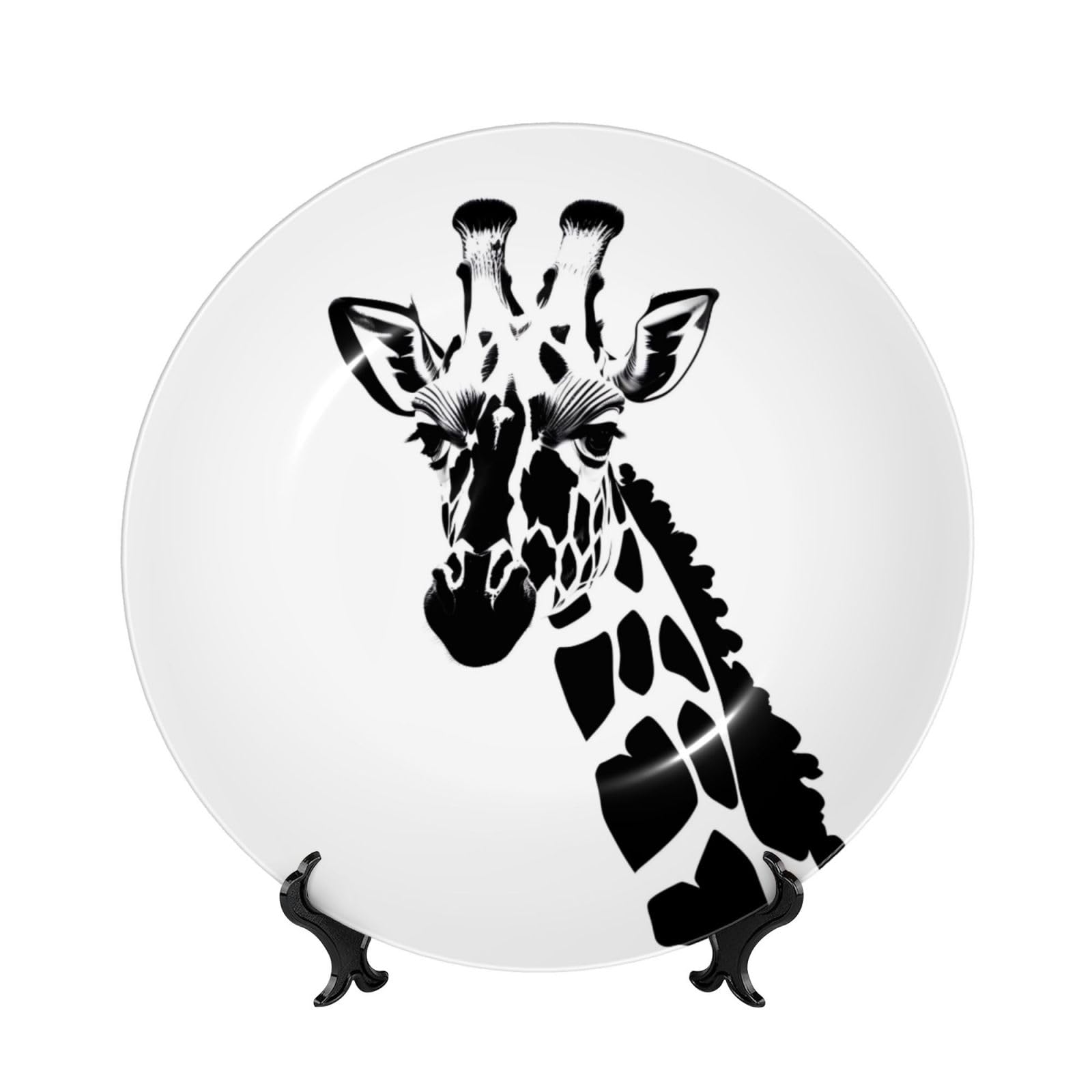 SXZVVBN Black and white giraffe Bone China Decorative Plate Art with Stand Removable Adhesive Hanging for Home Office 8in（20cm）