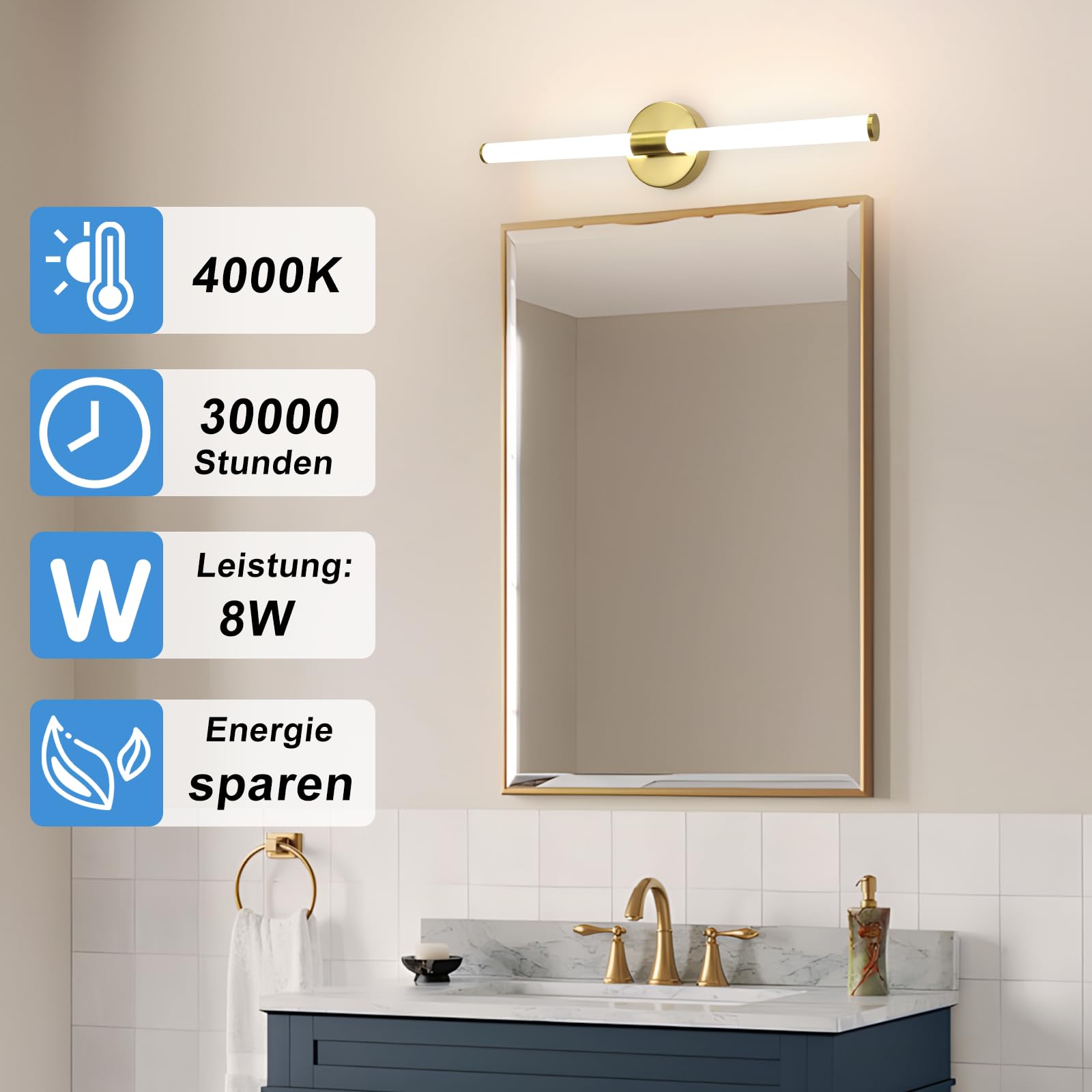 LED Spiegelleuchte Bad Gold Spiegellampe - 60CM Badlampe Wand IP44 Spiegellampe Badezimmer 8W Spiegelschrank Beleuchtung 4000K Neutralweiß Wandlampe über Spiegel für Bad Küche Badschrank
