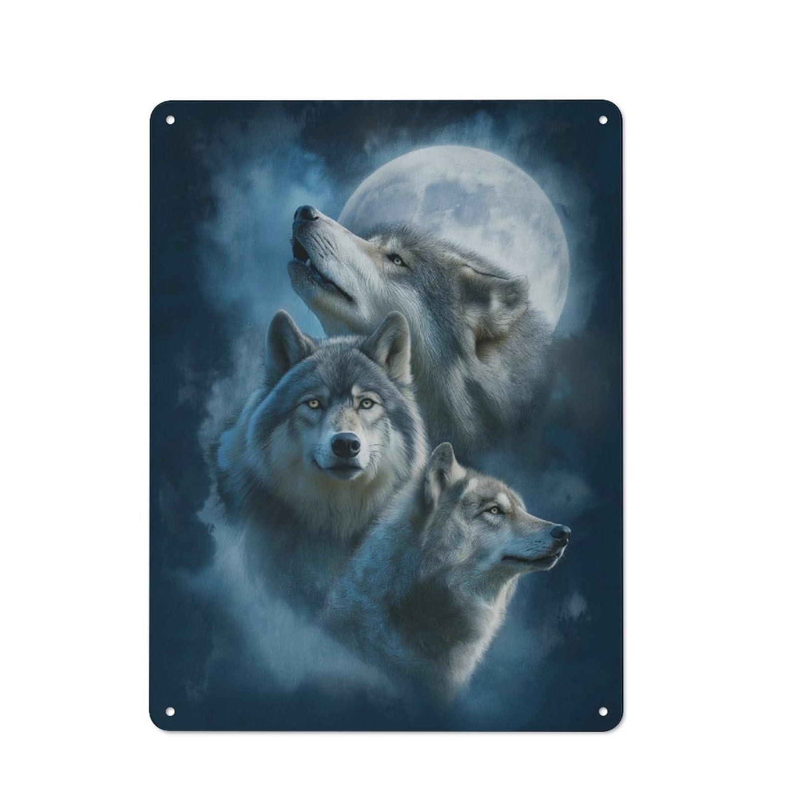 Junmoney Three Wolves Under Moonlight -1 Loft Style Metal Wall Sign 40X30cm Featuring Studio Wall Art For Loft, Studio, Office Or Creative Room