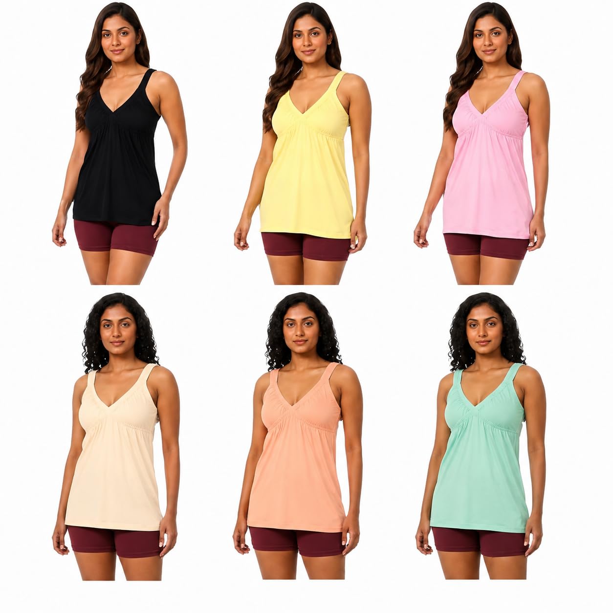 Women's Non-Padded Camisole Tank Top with Built-in Bra | Sleeveless, Soft & Stretchable | Pack of 6 | Multicolor, Colors as Shown |-image-45