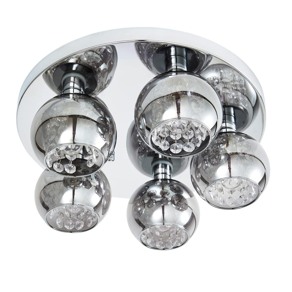 LITECRAFT Seren Ceiling Light Bathroom Flush Mounted Smoke Shaded 5 Arm - Polished Chrome