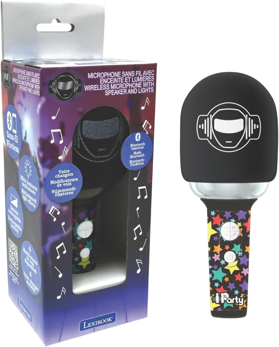 LEXiBOOK, iParty®, Wireless Microphone with Speaker and Lights, 4 Voice modifiers, Multicoloured Light Effects, Rechargeable Battery, MIC280