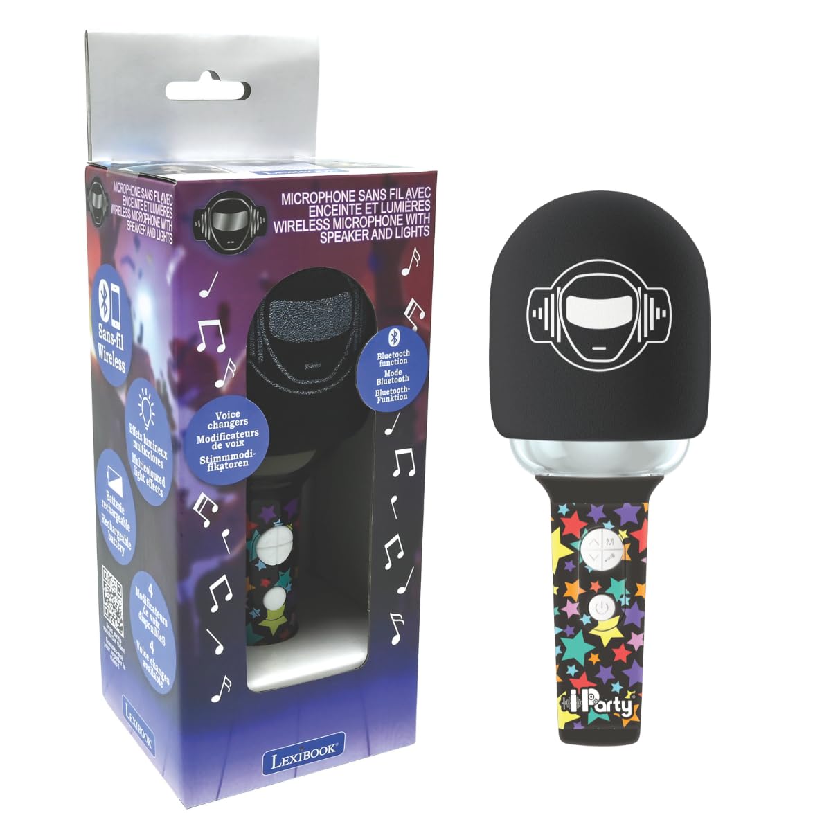 Lexibook, iParty®, Microphone sans Fil avec Enceinte et lumières, 4 modificateurs de Voix, Effets Lumineux Multicolores, Batterie Rechargeable, MIC280