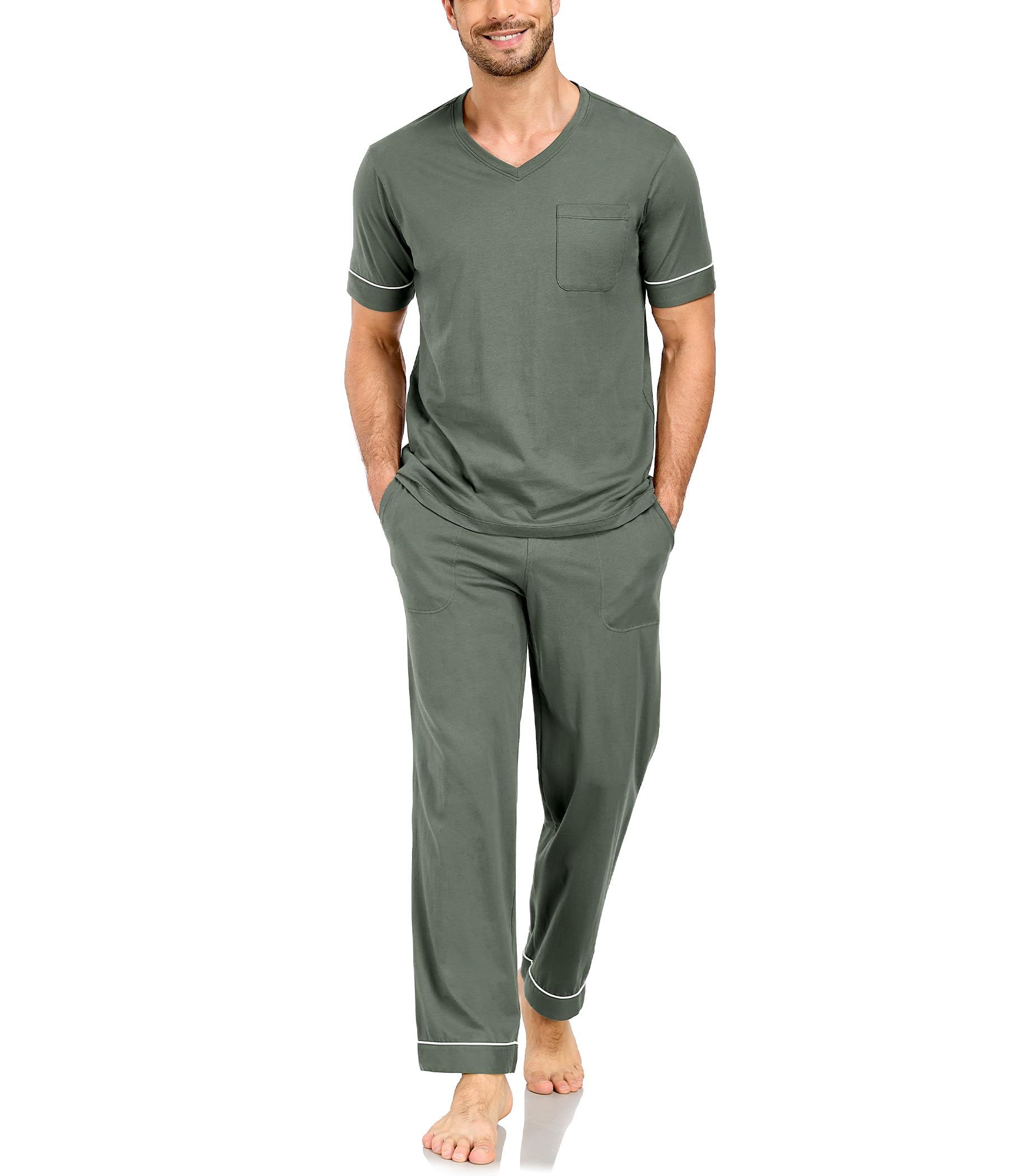 Mens 100% Cotton Pajamas Set Short Sleeve V-Neck Sleepwear Soft Loungewear Pjs with Pockets-image-45