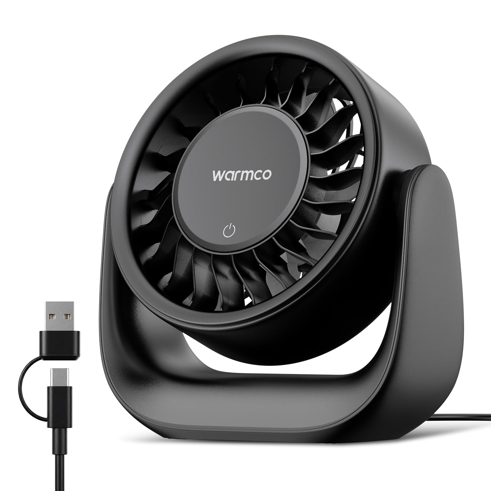 Warmco Ventilateur de Bureau USB Tactile, (Alimentation USB Seule) Petit Ventilateur Personnel, Prise USB-A & USB-C, 3 Vitesses, Flux d'Air Puissant, Silencieux pour Maison Bureau Global Recycled Standard Global Recycled Standard Global Recycled Standard