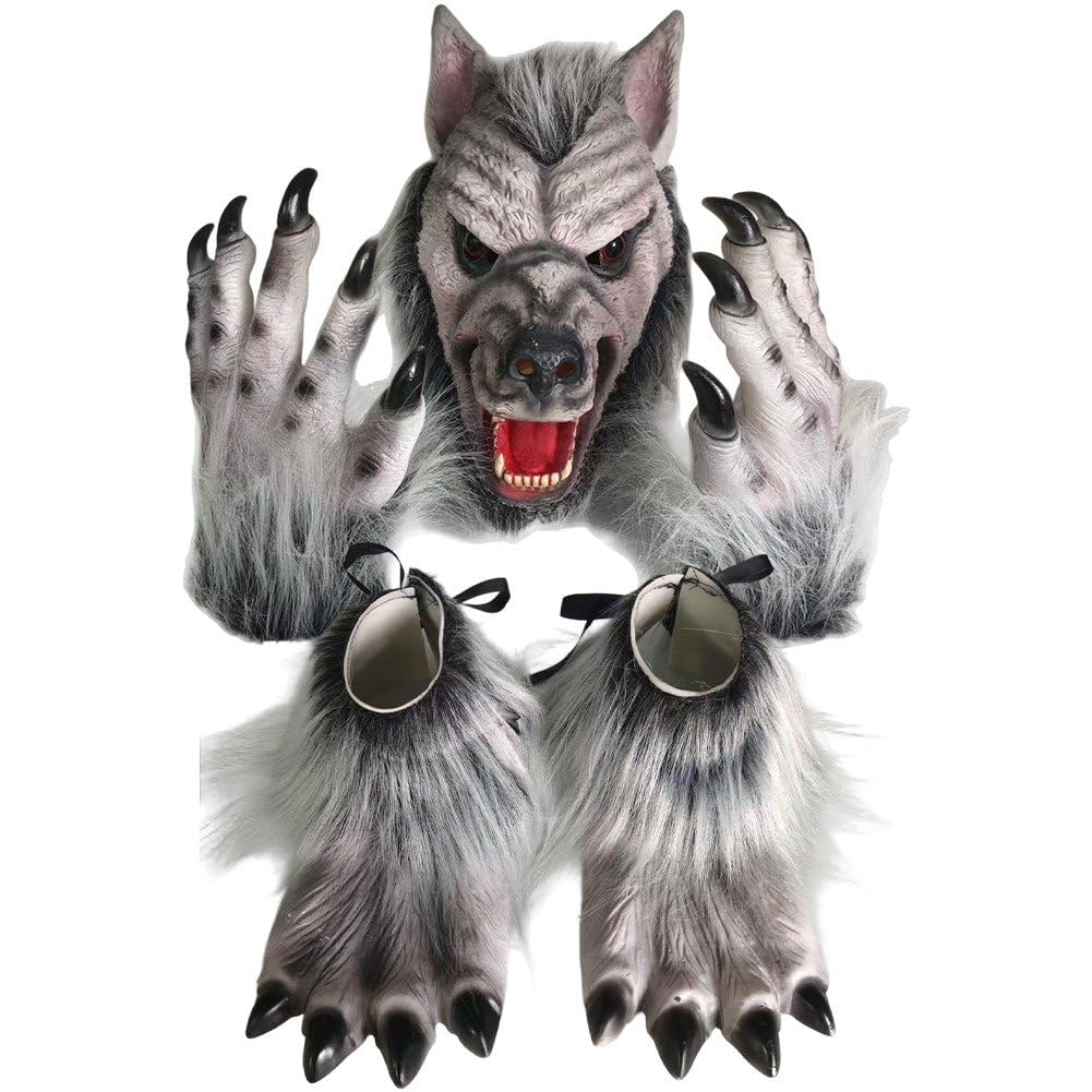 Sslvya Halloween Werewolf Costume Set Adult Wolf Head Mask Claws Gloves and Shoe Covers for Men Women Cosplay Party