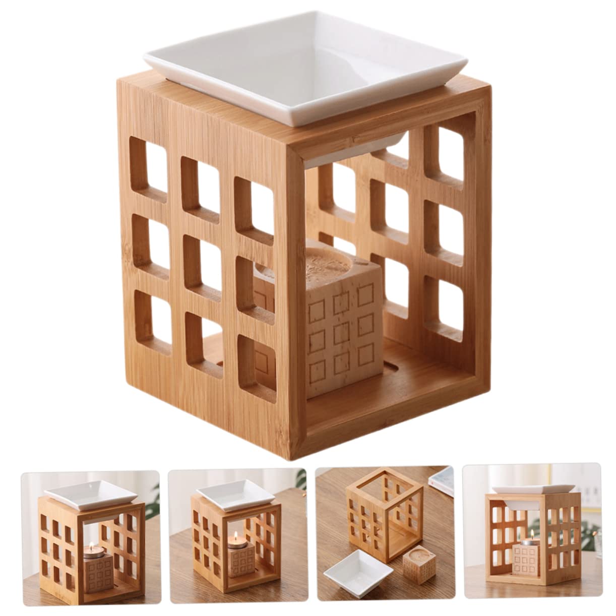 Gatuida Quemador Diseño Elegante de Cerámica y Madera de Aceites Esenciales de 150ml para Aromaterapia para Velas Tealight en Sala de Yoga o Hotel