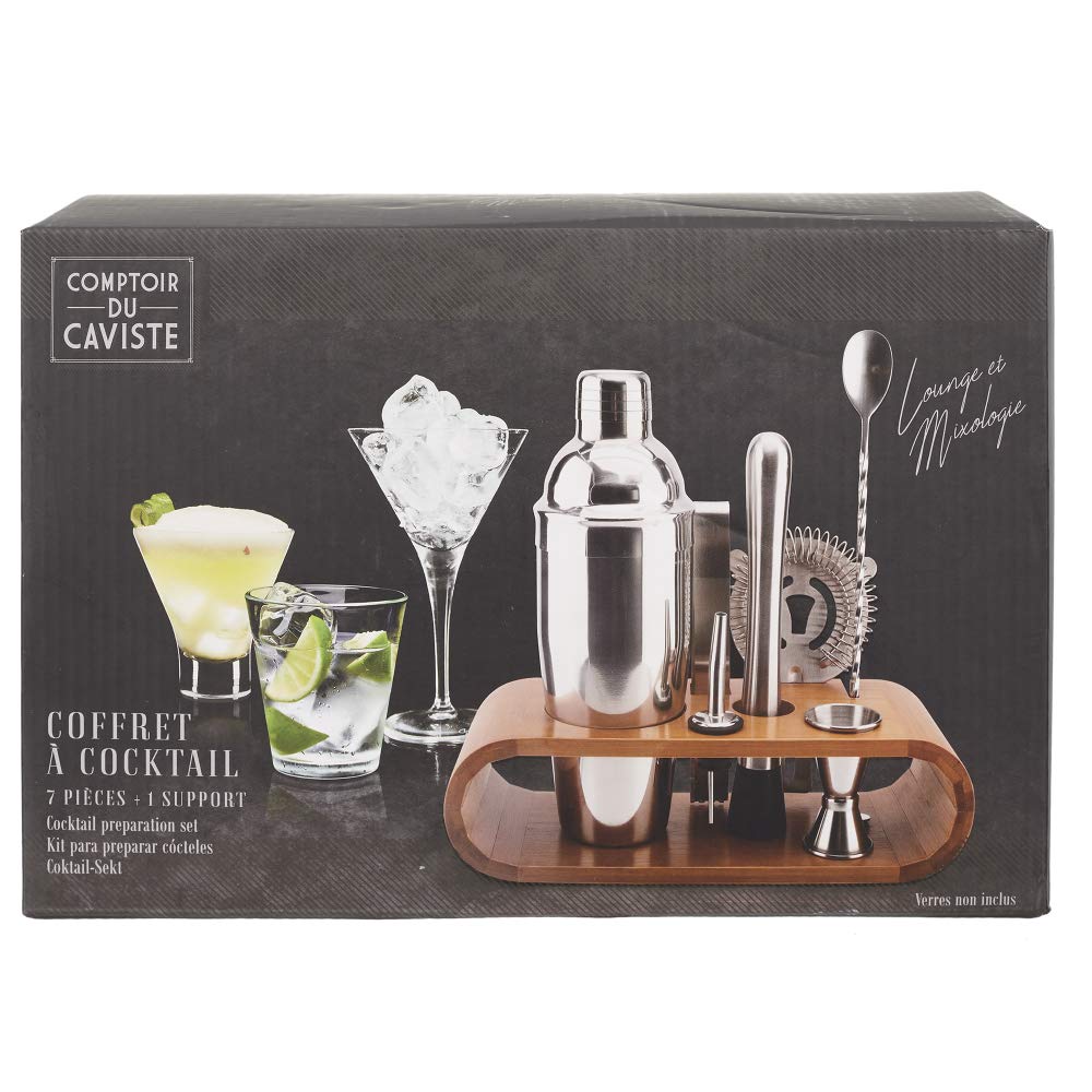 COOK CONCEPT - KV7303 Coffret Complet à Cocktail avec Support en Bambou - Shaker, Pilon, Passoire, Cuillère, Verre Doseur, Bouchon Verseur, Pince - 27.6 x 25 x 10.5 cm - Couleur Argent