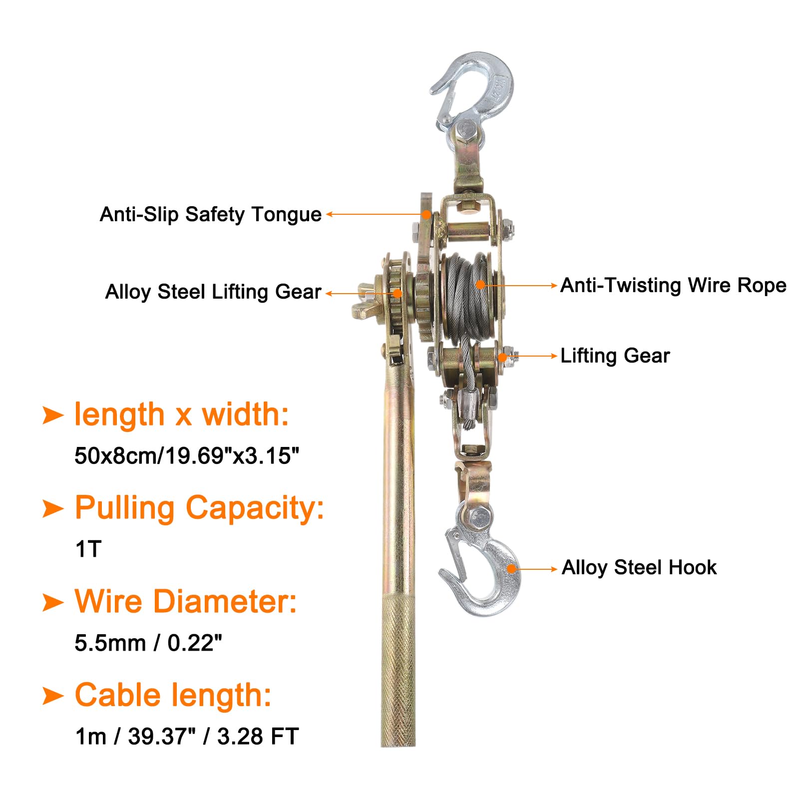 QUARKZMAN Argano Manuale, Argano Da 1 Tonnellata, Tirante A Cavo Manuale Con 2 Ganci 1m/3.28FT Tirante A Cavo A Mano Per Giardinaggio, Tensionatura, Trasporto Confezione Da 1