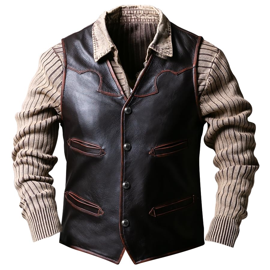 Mens Vintage Distressed Premium Cowhide Multi Pocket Leather Motorcycle Vest with Five Hidden Carry Pockets Durable