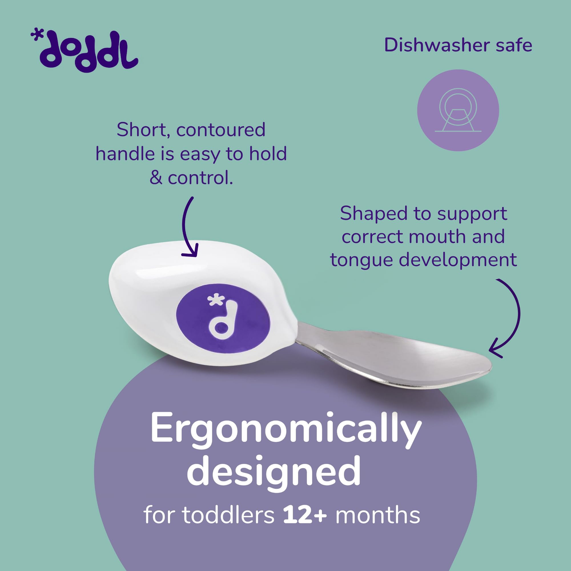 doddl Toddler Utensils, Ergonomic Fork Spoon and Knife Set for Self Feeding, Stainless Steel Silverware for 1-3 Year Olds, BPA Free, Dishwasher Safe (Indigo) — Amazon image 3