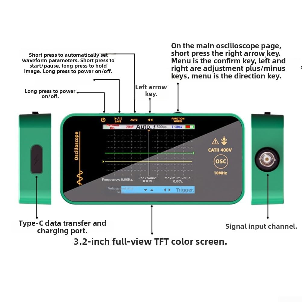 Tragbares digitales Oszilloskop, 10 MHz, 48 MSa/s, Abtastrate 8,1 cm, TFT-Display, 1200 mAh Akku, für Auto-Audio-Elektronik-Diagnose, Grün