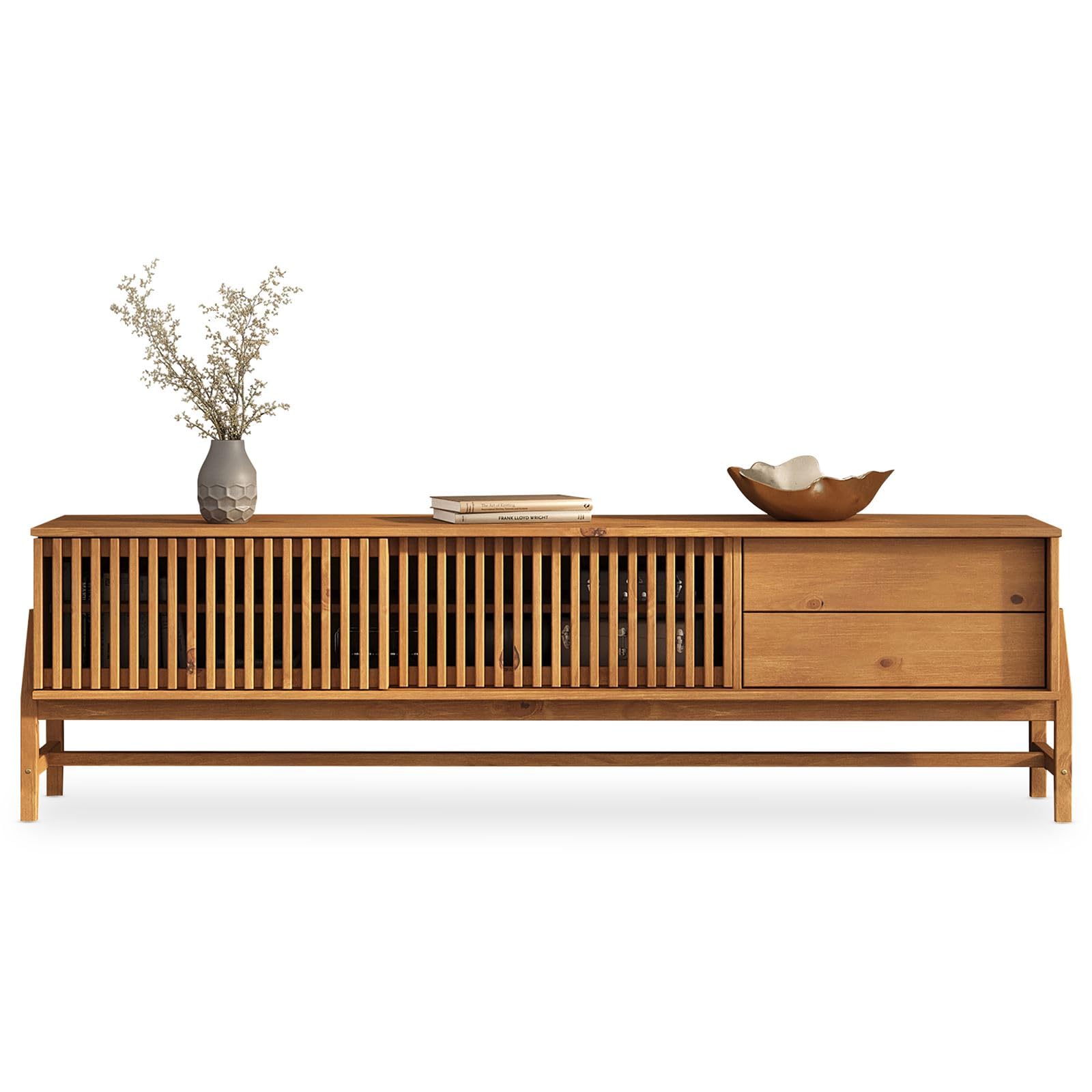 IDIMEX Lowboard Adamo 180 cm aus Massivholz, Eiche Finish - TV Kommode mit Lamellenschiebetüren, TV Lowboard für Wohnzimmer, Sideboard mit 2 Schubladen, Wohnzimmer TV Schrank