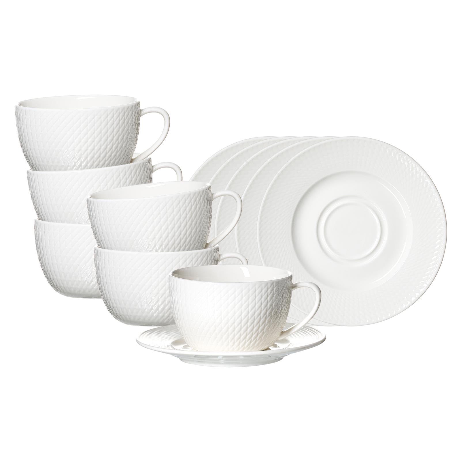 Ritzenhoff & Breker Saphir Cappuccinotassen mit Untertassen 320 ml 6er Set | Porzellan Geschirr-Serie in Weiß mit Mosaik-Relief | spülmaschinenfest & mikrowellengeeignet | Elegant & Modern