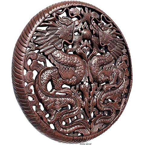 Round Wood Carved Wall Art. Asian Home Decor. 24" Extra Thick (Chinese Lucky Dragon) Cover