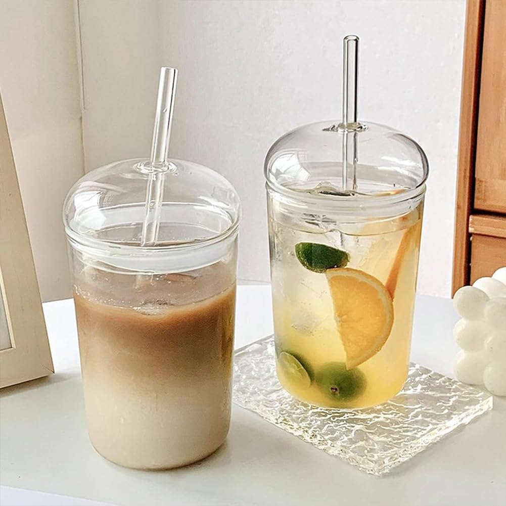 JOYWU Clear Glass Cups with Lids and Straws,2 Set 500ml Glass Tumbler with Straws and Lids,Vintage Drinking Glasses,Transparent Iced Coffee Cup,Creative Drink Cups,Cute Tumbler Cup
