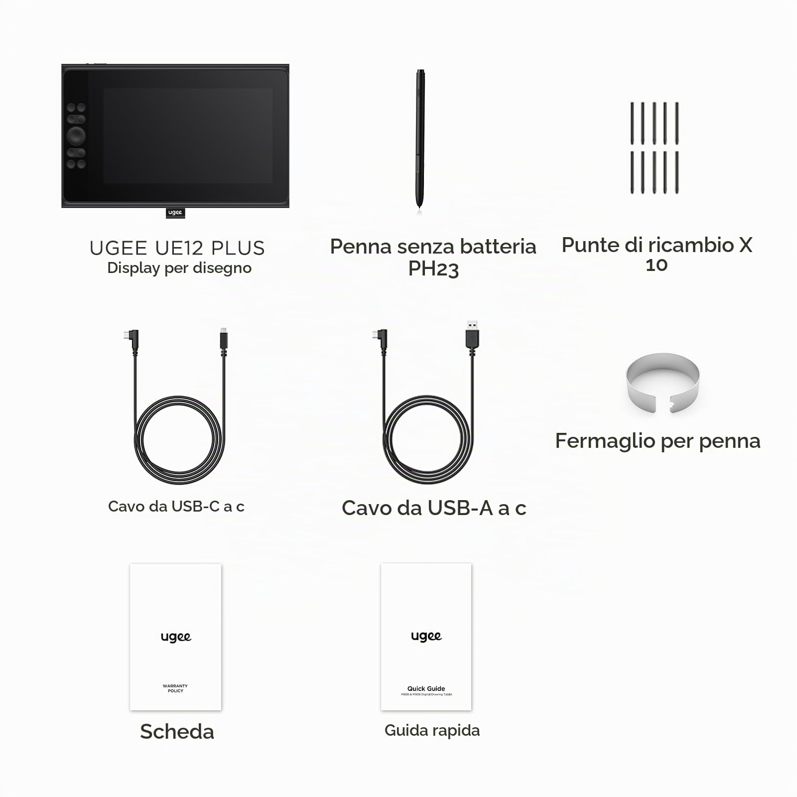 ugee tavoletta grafica con schermo UE12 PLUS 11,9 pollici,147% sRGB Ultra-Wide Color Gamut ideale per l'ufficio domestico e l'apprendimento online, nero