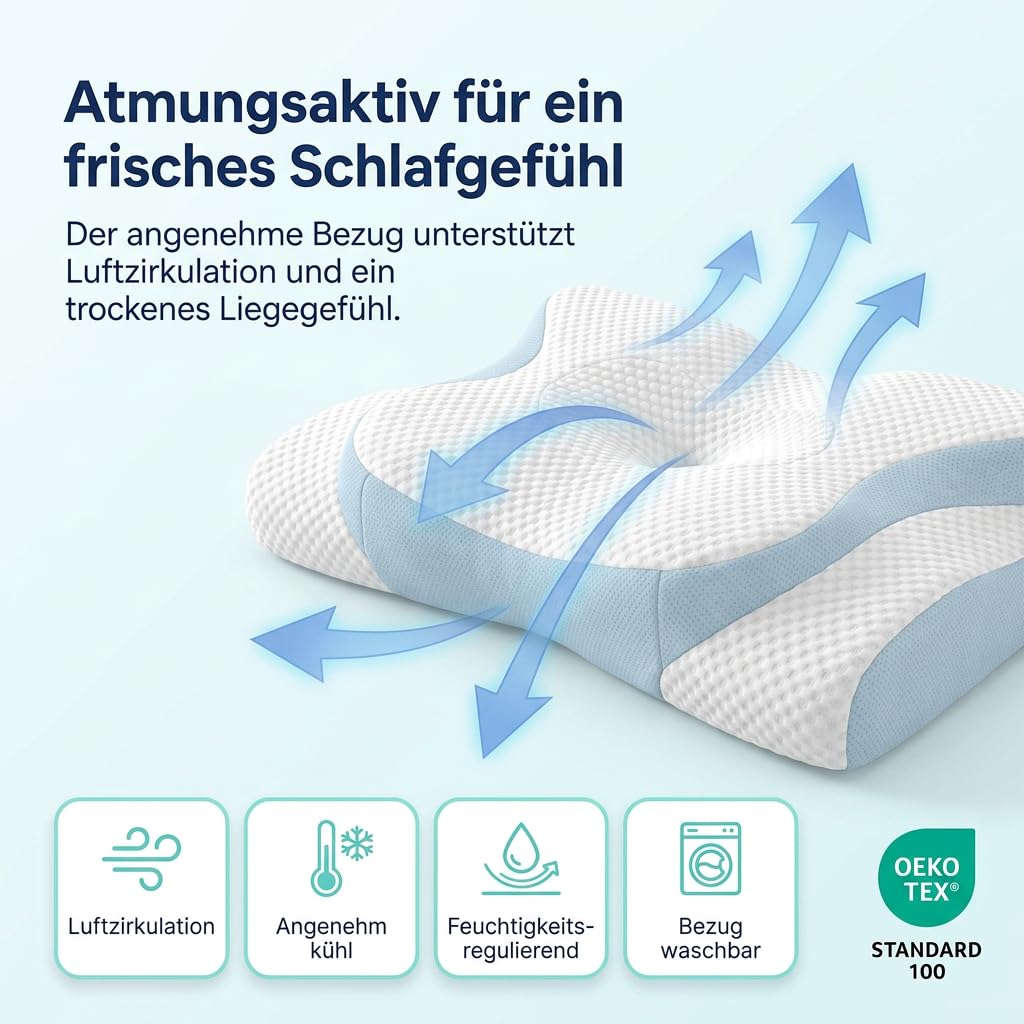 Orthopädisches 4D Kopfkissen - Nackenkissen gegen Nackenschmerzen | Anti Schnarch Memory Foam Nackenstützkissen Rücken-, Bauch- & Seitenschläferkissen Deutsche Entwicklung, Höhenverstellbar