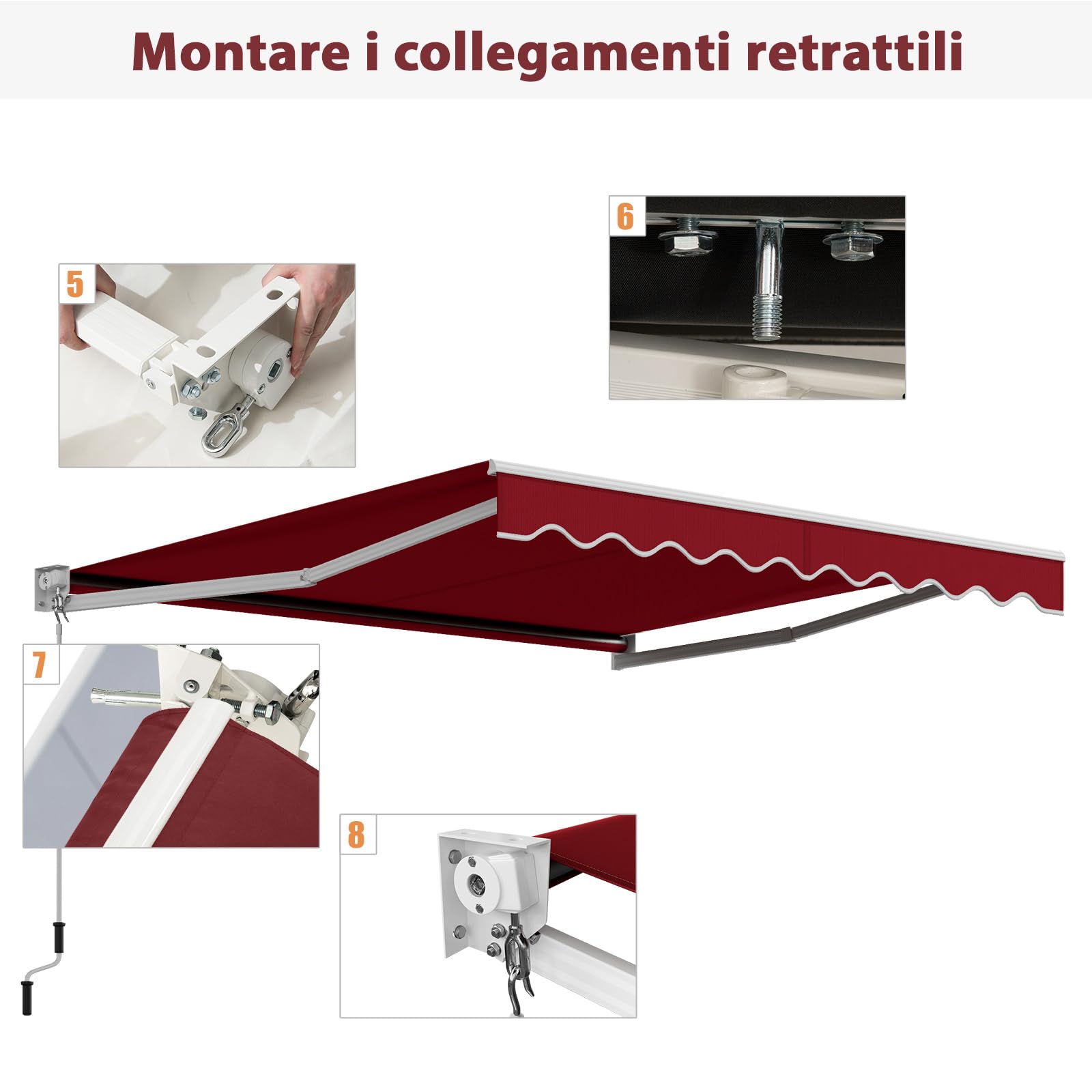 RELAX4LIFE Tenda da Sole a Bracci Estensibili Avvolgibile 295x250cm, Base Universale Parete/Soffitto, Manovella Manuale, Angolazione Regolabile, Telo Impermeabile, Alluminio, ROSSO