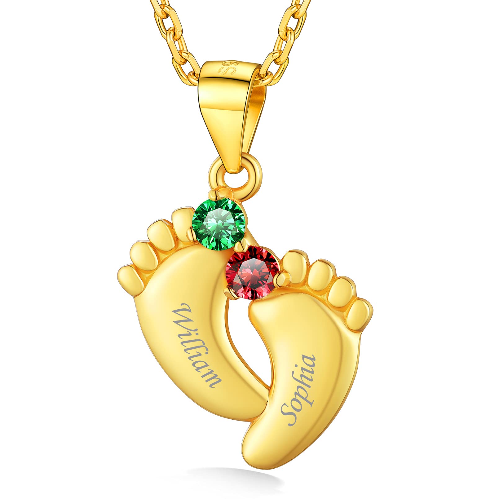 Custom4U Personalised Birthstone Necklace Personalised Necklace, Gold Plated 925 Sterling Silver Baby Feet 2 Birthstones & Names Custom Necklace for Mum Grandma