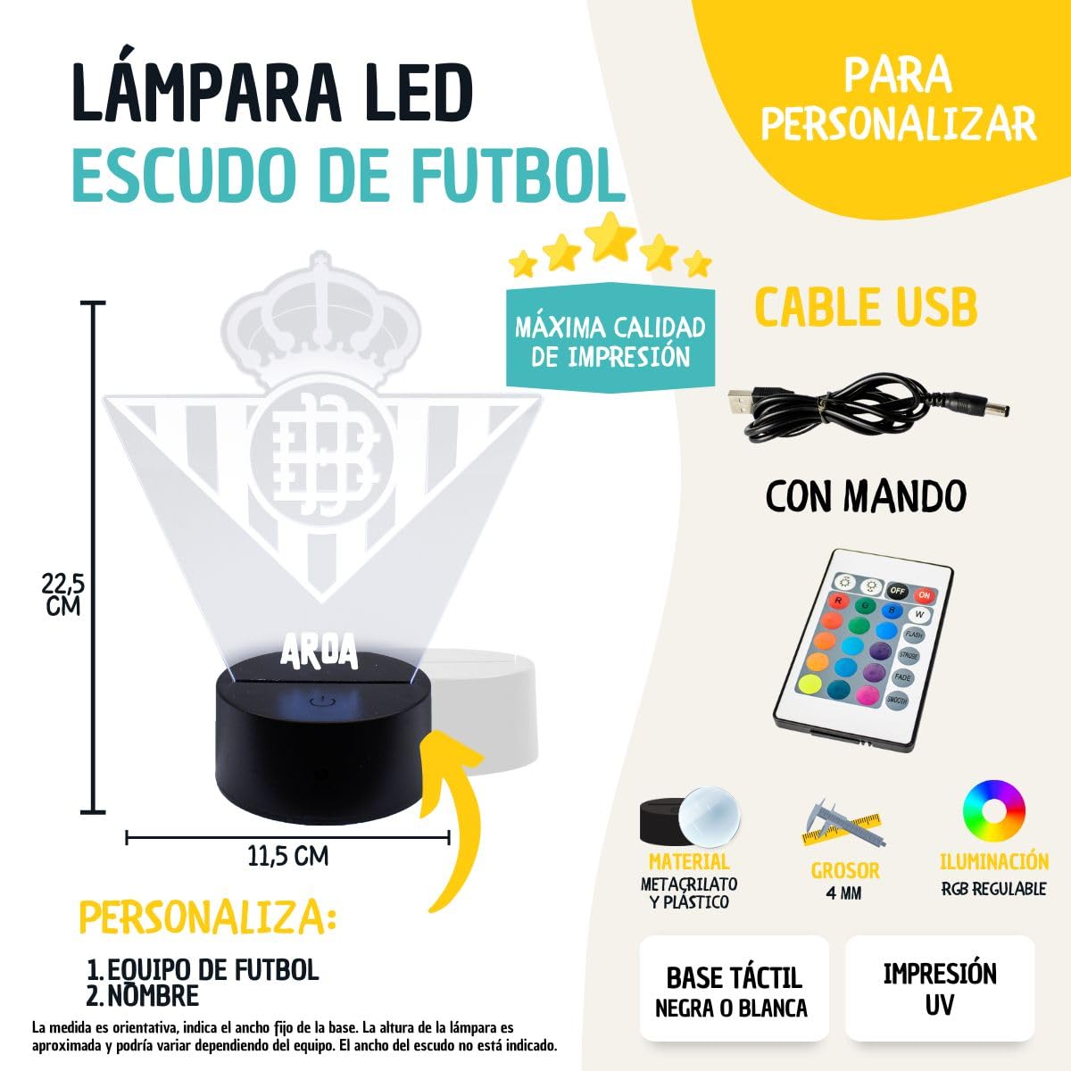 DEREGALOOS Lámpara LED Personalizada Betis. Escudo personalizado Betis con luz. Regalos Originales fútbol. Regalos para Aficionados del Futbol.