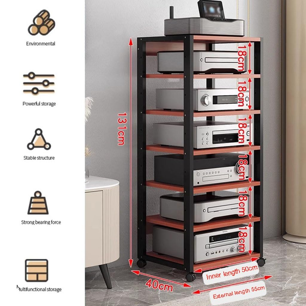 Mobile Stereo Hi fi Rack Carrello Multimediale AV Scaffale Mobile Per Supporti Con Ripiano In Legno A 7 Livelli, Moderno Supporto Multimediale AV Armadio AV Con Ruote(Red)
