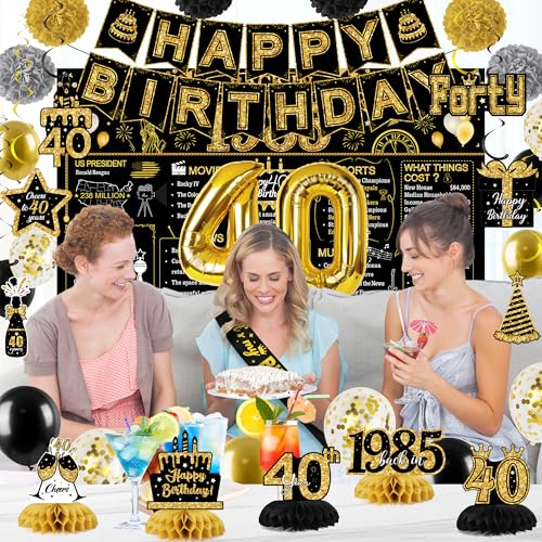 Image of 18 /30 /40 /50 /60 /70 /80th Happy Birthday Banner, 39 Pcs 40th Birthday Decorations, Large 1985 Theme Birthday Backdrop Black Gold Honeycomb Centerpieces, Number Balloon Swirls and Pompoms