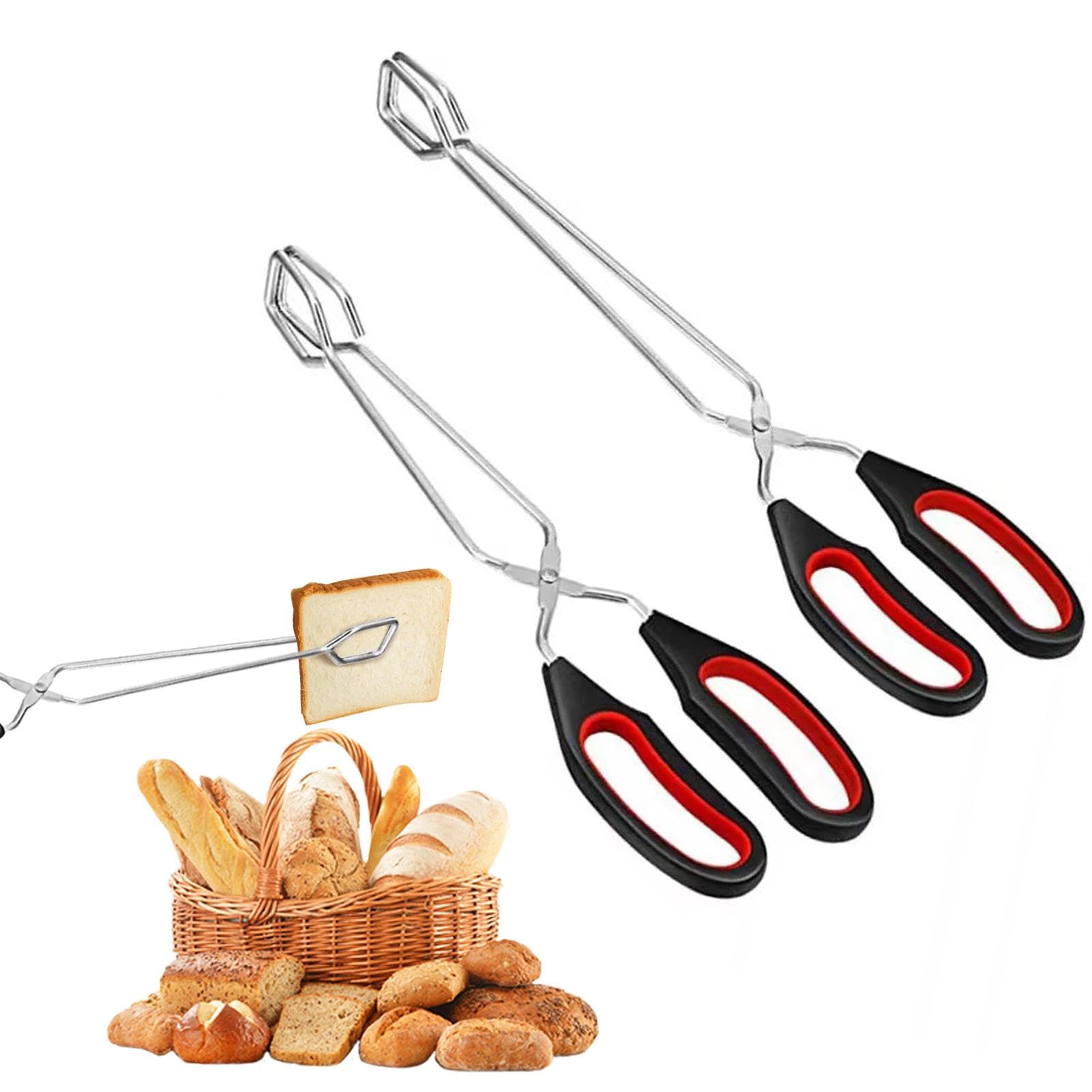 2 PCS Scissor Tongs, 11+13inch Stainless Steel Cooking Tong with Soft Handle, Non Slip Kitchen Tongs Bread Food Tong, Wire Grilling Tongs Tool for BBQ Baking Cooking