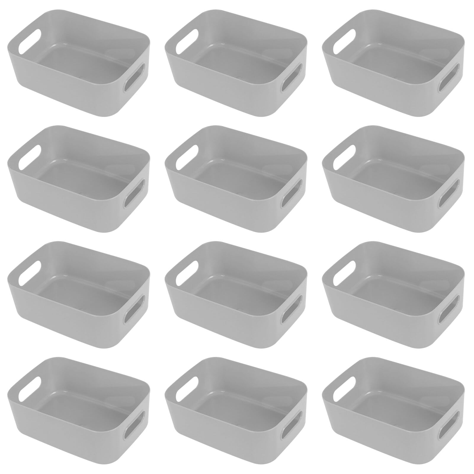 Hwtcjx 12 PCS Grey Plastic Storage Baskets with Handle, Rectangular Kitchen Organiser, Small Baskets for Storage, Storage Boxes for Kitchen, Fridge, Cupboard, Office, School, Home (15.5x11x5.5cm)
