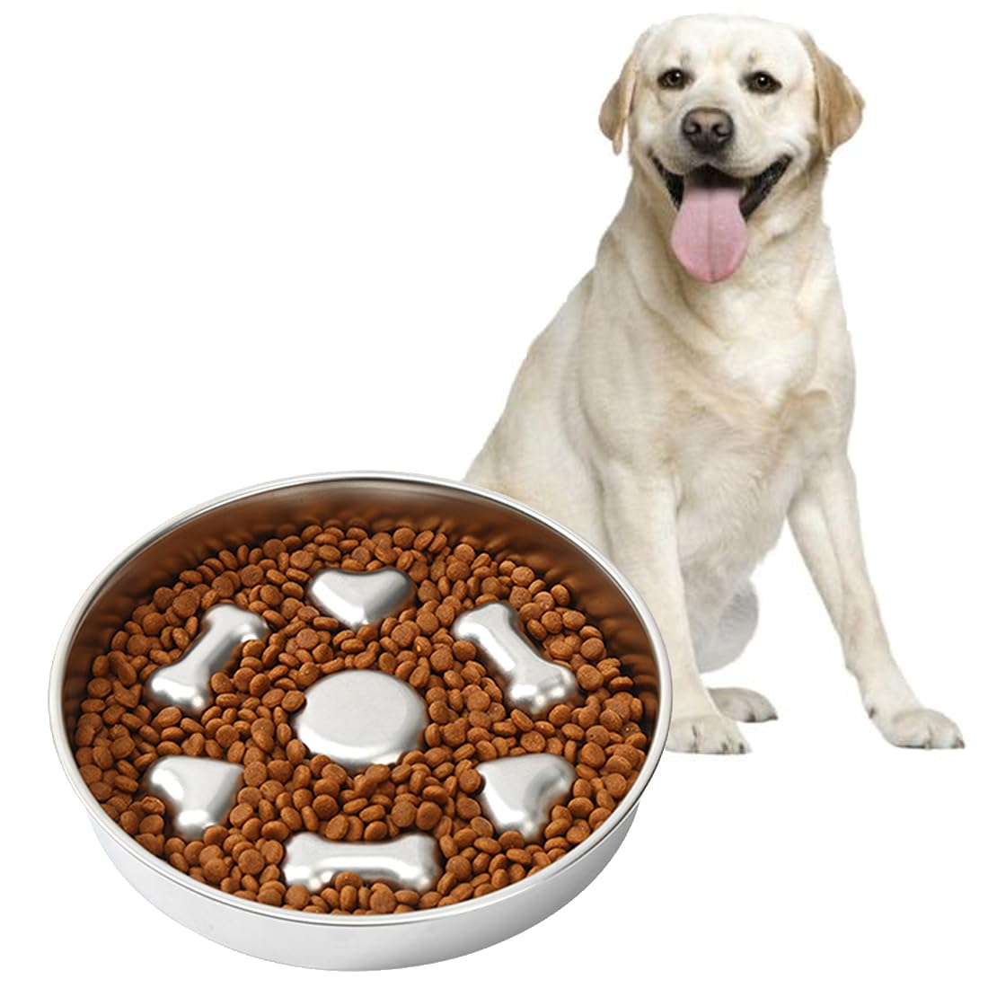 Fermus Metal Dog Slow Feeder Bowl, Stainless Steel Anti-Choke Slow Eating Pet Bowl for Dogs, Fun Interactive Design