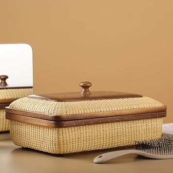 Covered Rattan and Solid Wood Home Living Room Decorations Modern Storage Basket Square Jewelry Box Fruit Basket Dining Table Storage Basket Weave