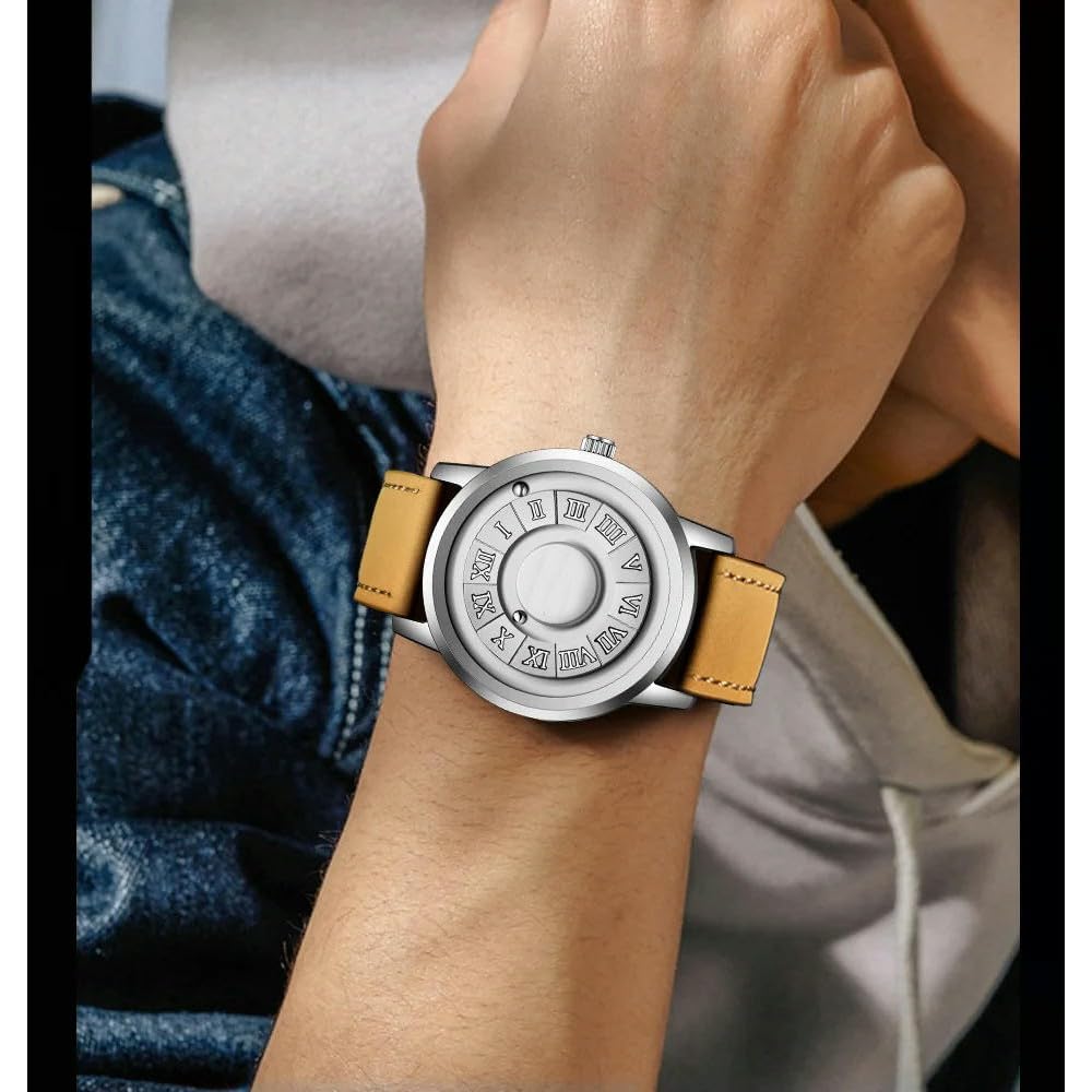 ZBDZSW Orologi da Uomo Orologio da Polso al Quarzo con puntatore a Scorrimento Creativo e Forza Magnetica Orologio da Uomo in Vera Pelle