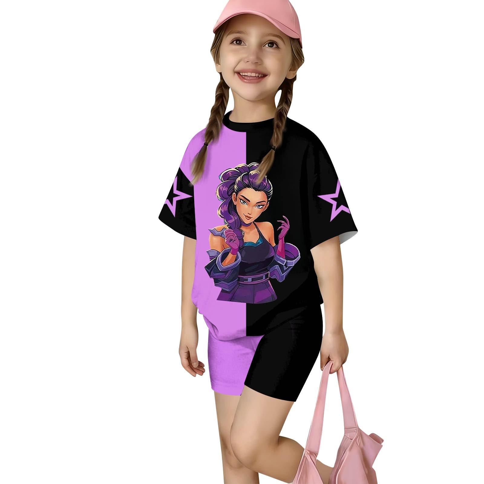 Girls 2 Piece Outfits Cute Singer Cartoon Graphic Short Sleeve Shirts and Shorts Fashion Casual Clothing Sets
