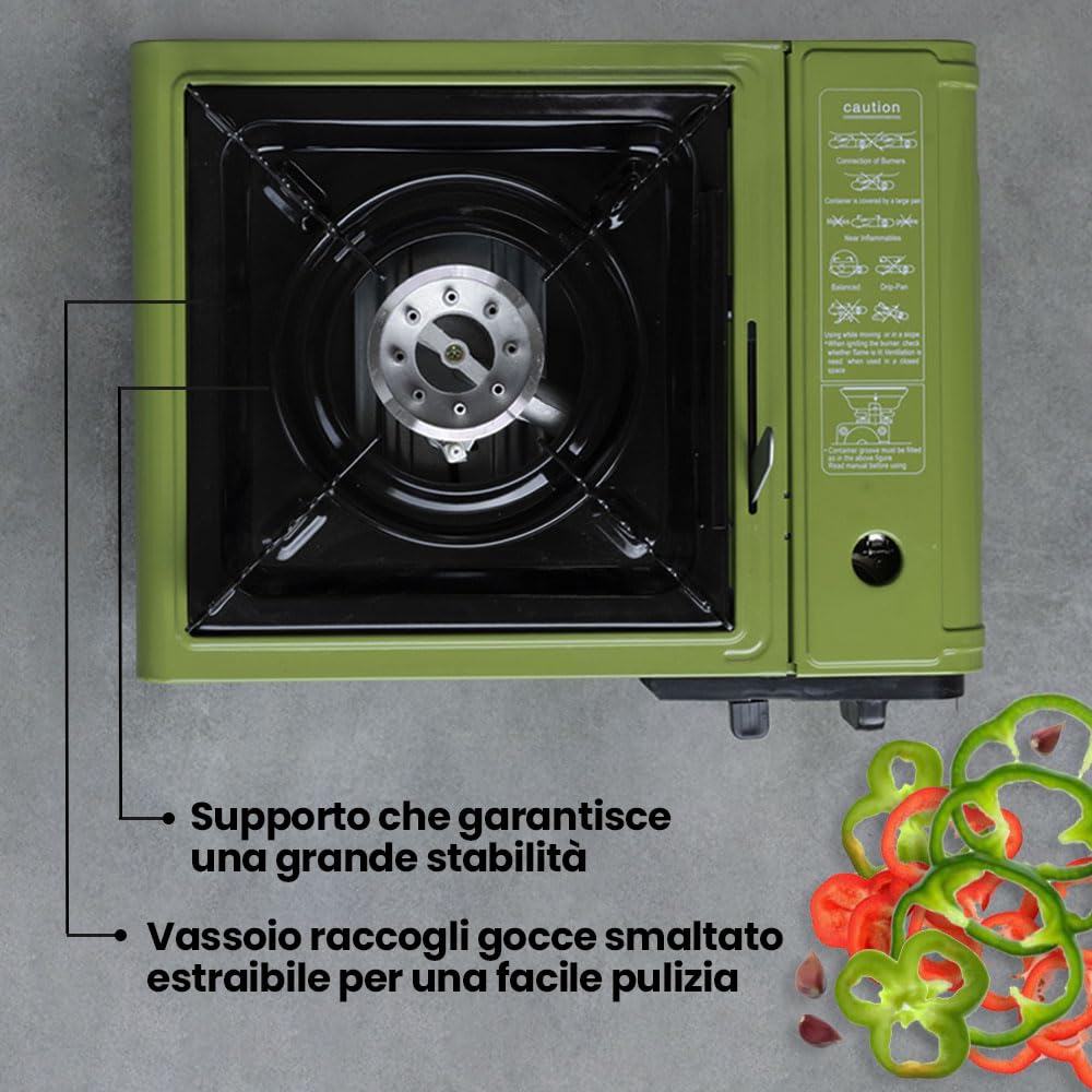 Fornello a Gas Portatile Elma Outer Start Compatibile con Cartucce Butano EN417 e Bombole Butano/Propano, Ideale per Campeggio, Viaggi e Outdoor | con Valigetta di Trasporto, 2,3 Kw, Verde