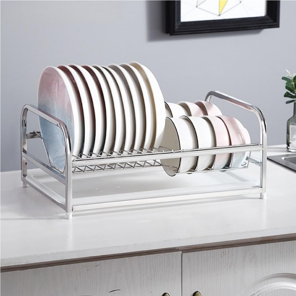 Goxyffmnv Dish Rack, Metal Drain Rack, Kitchen Shelves, Cutlery Rack with Removable Drain Tray, Countertop Organizer for Kitchen, Dining Room, Apartment(Silver)