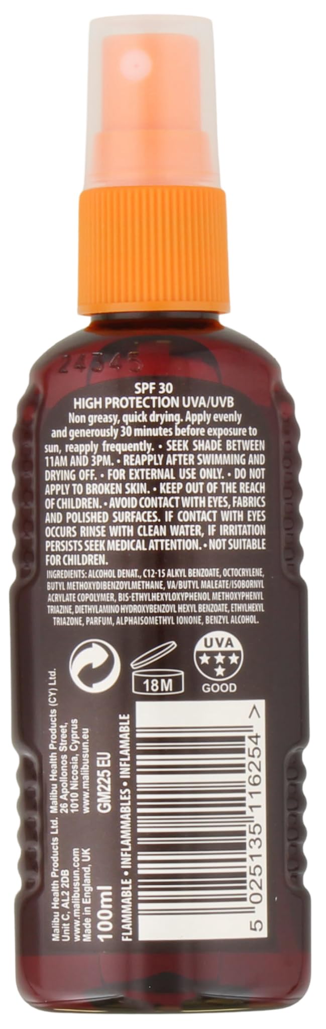 Malibu Wasserabweisendes, nicht fettendes Trockenöl mit hohem Schutz, Sonnenspray, LSF 30, 100 ml – Ansicht 2