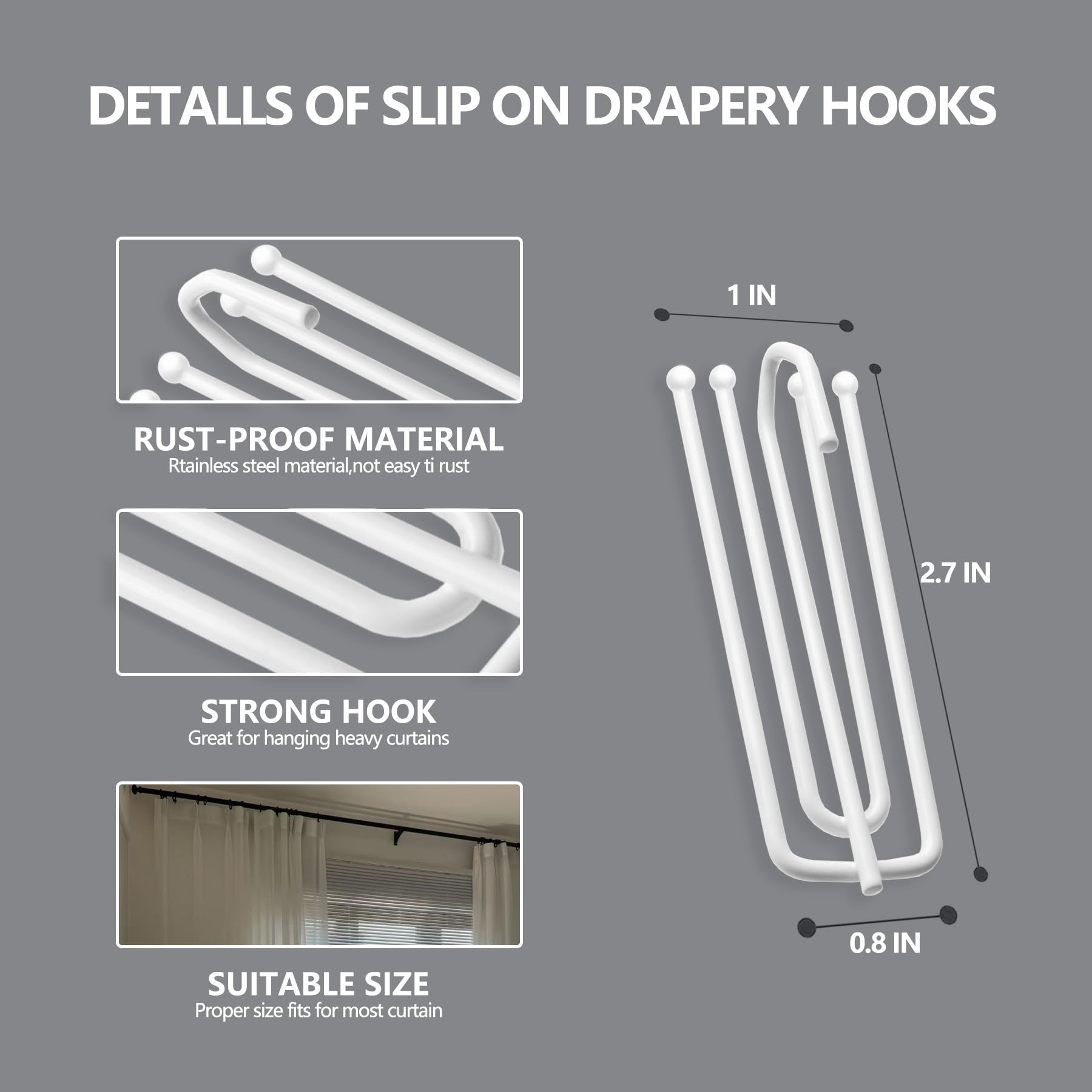 60PCS Stainless Steel 4 Prongs Pinch Pleat Curtain Hooks, Drapery Pins Hooks Traverse Pleater, Curtain Hooks for Drapes, Curtain Hangers for Window Door Bathroom Curtain, White