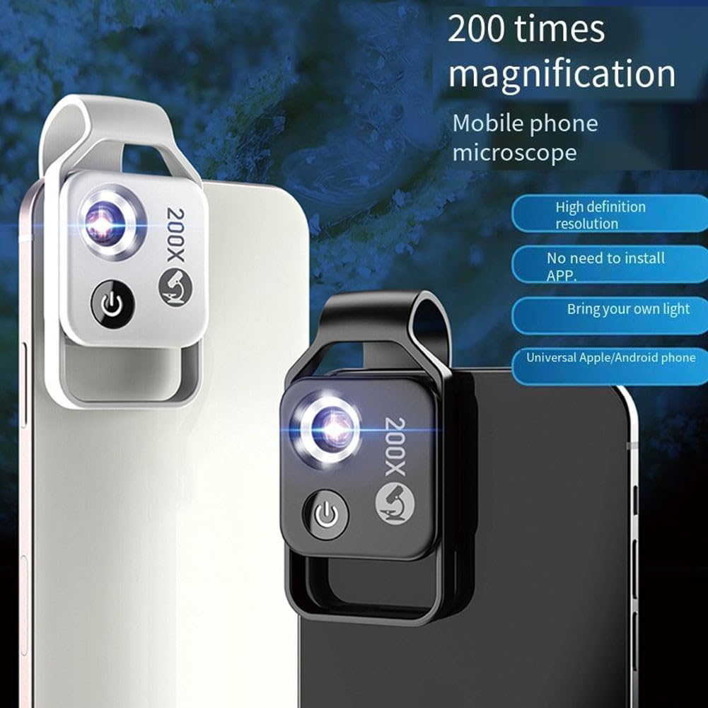 Microscopio móvil MS002, microscopio portátil para teléfono móvil 200X HD, lente de microscopio de teléfono con luz LED ()