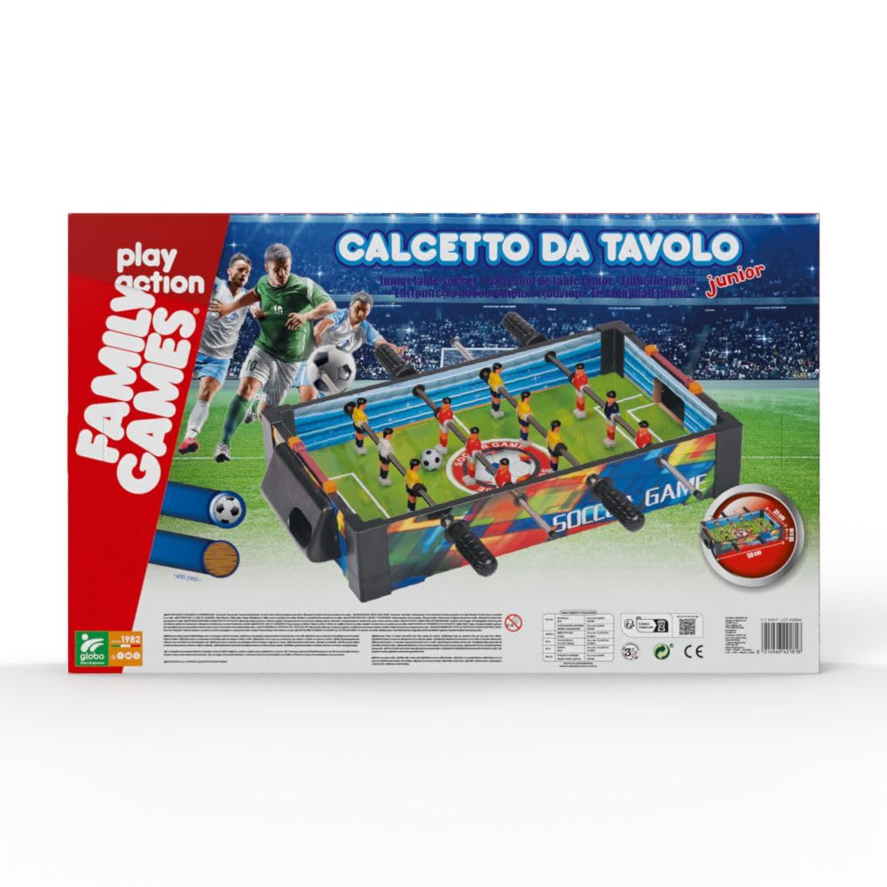 Calcetto da Tavolo in Legno - Dimensioni 51 x H 10 x 31 cm - 2 Aste con Manopola per lato - Ideale per 2 giocatoli - Portatile - Calcetto Bambini 3 anni - Globo Giocattoli - Family Games 42181